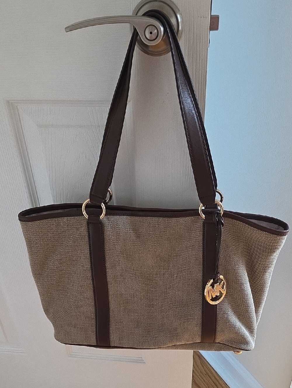 Michael Kors Tan and Dark Brown Canvas Tote with Gold MK Charm